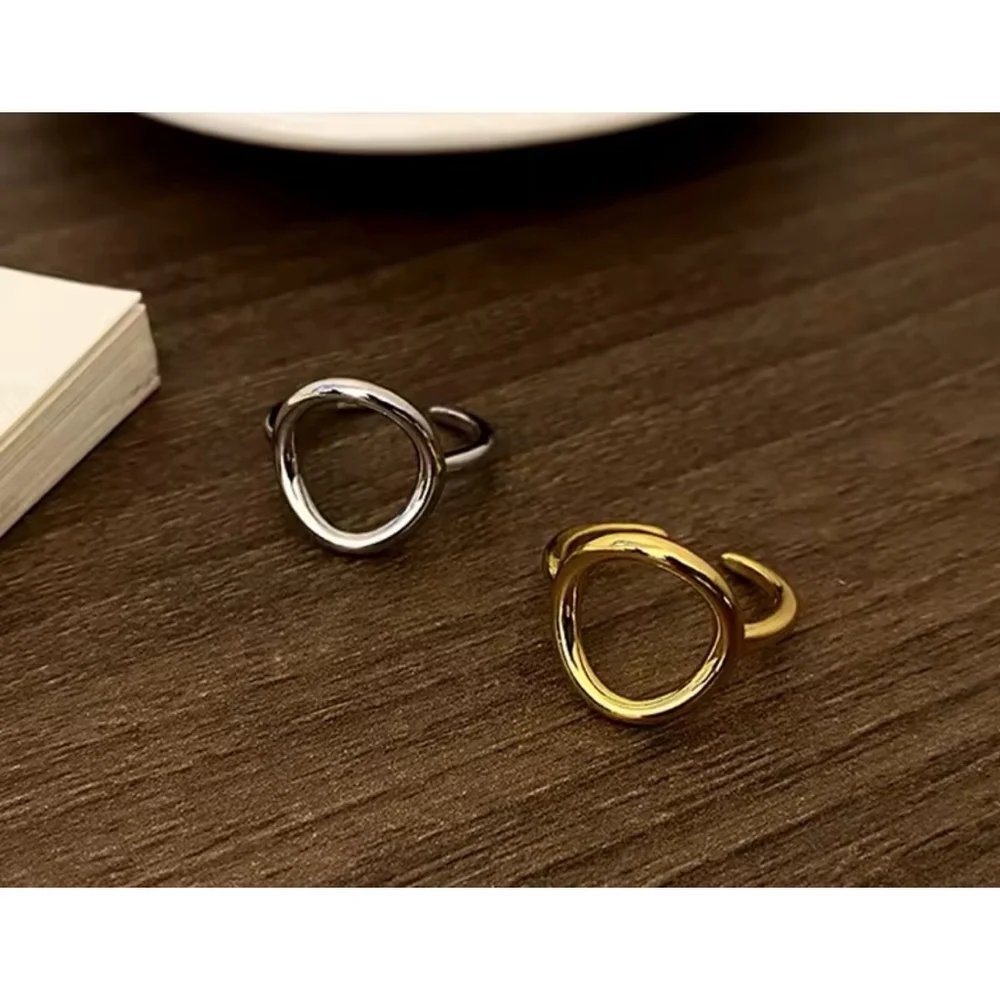 Unisex Geometric Open Circle‎ Karma Ring, White Gold Plated S925, Adjustable